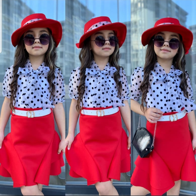 Stylish baby set with polka dot top and red skirt
