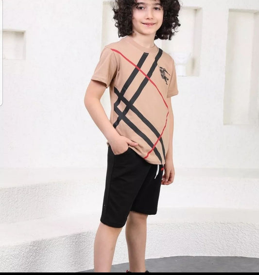 Boys' set with beige T-shirt and black shorts