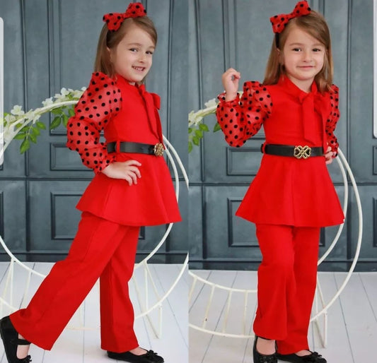 Elegant girls' set in red with black polka dots