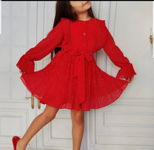 Red baby dress with white polka dots
