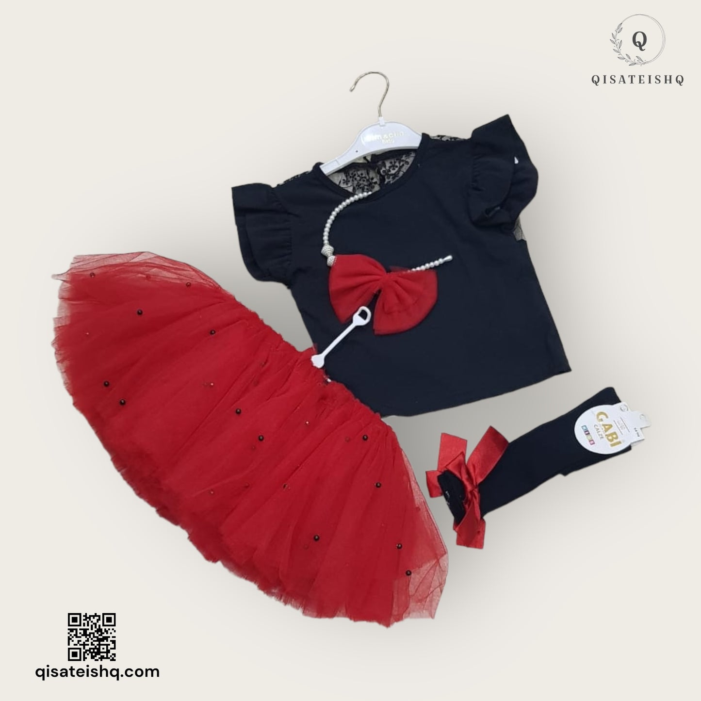 طقم فستان للأطفال بتصميم عصري بالألوان الأحمر والأسود