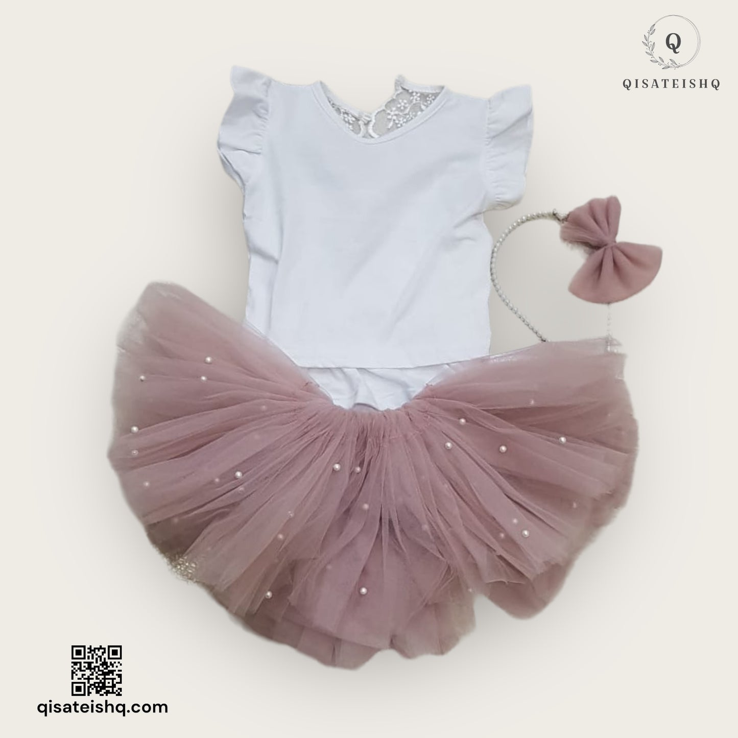 طقم فستان للأطفال بتصميم أنيق بالألوان الأبيض والوردي