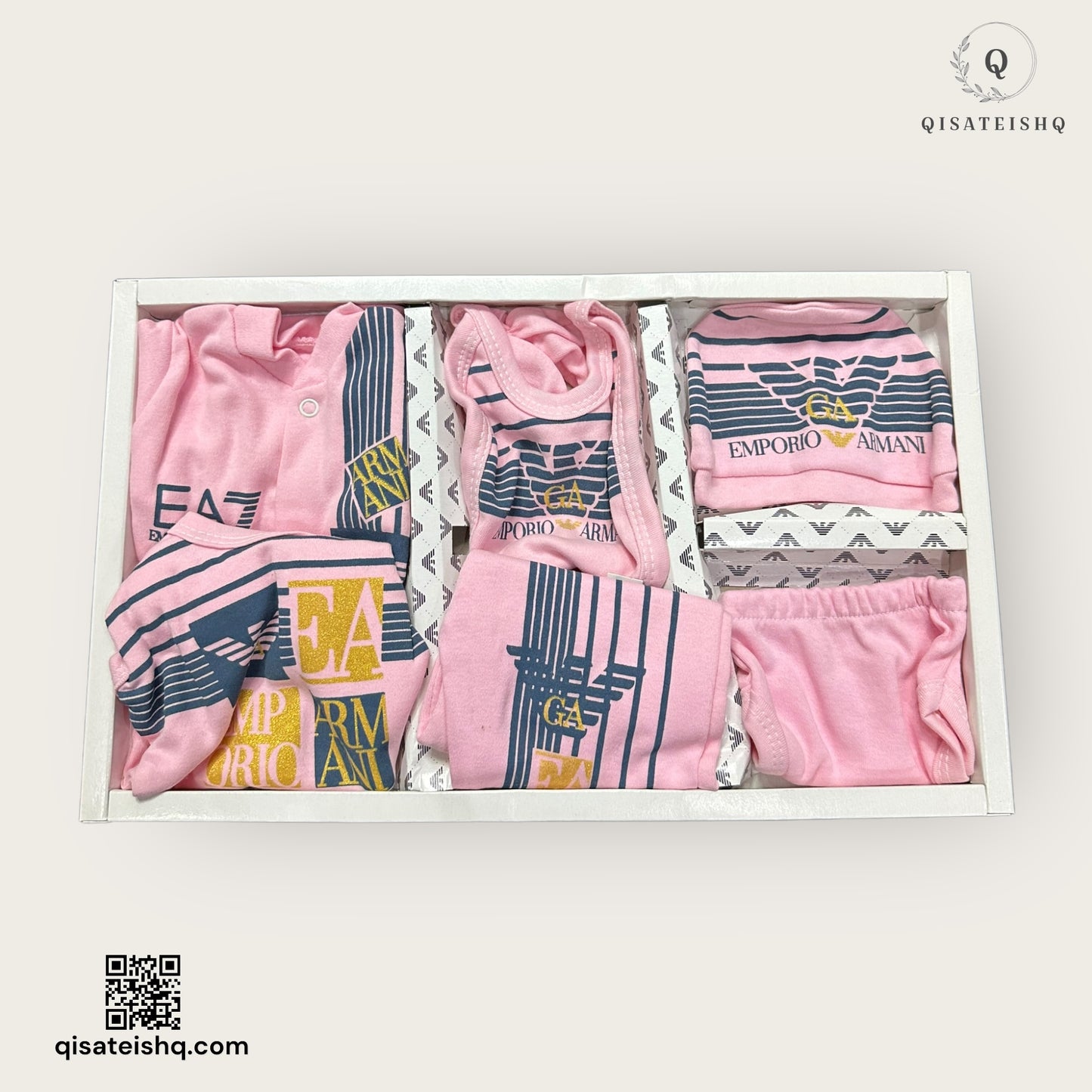 طقم ملابس أطفال حديثي الولادة بتصميم إمبريو أرماني باللون الوردي